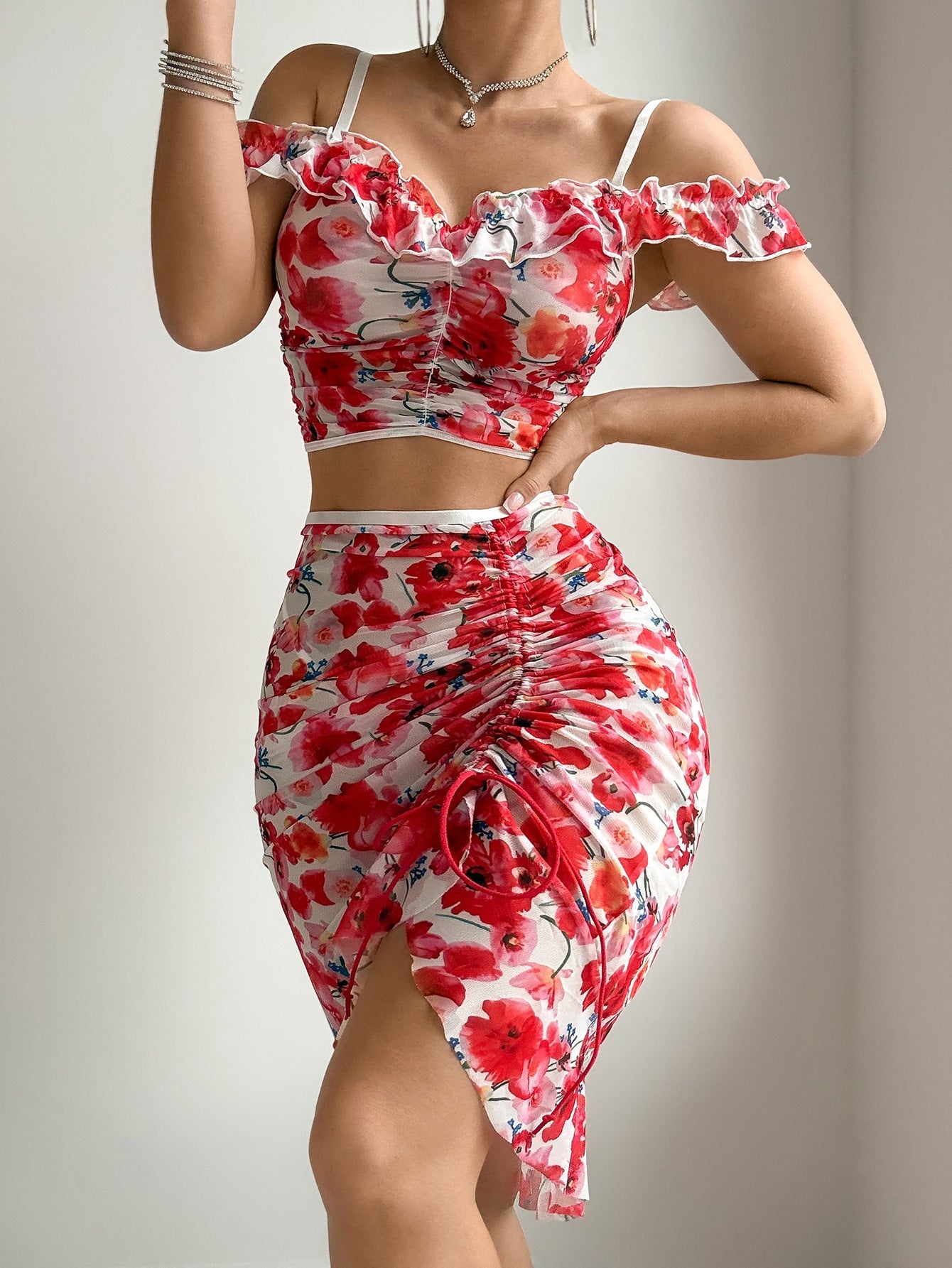 Floral Mesh Ruched Two-Piece Set