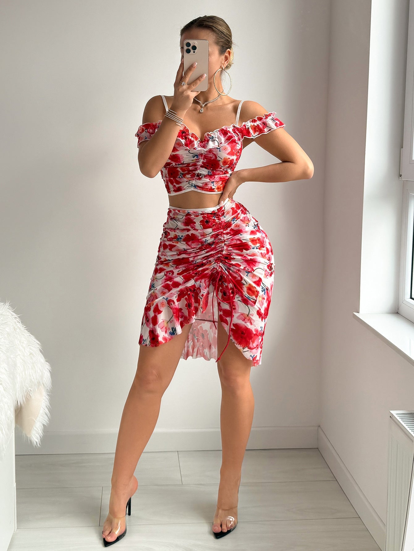 Floral Mesh Ruched Two-Piece Set