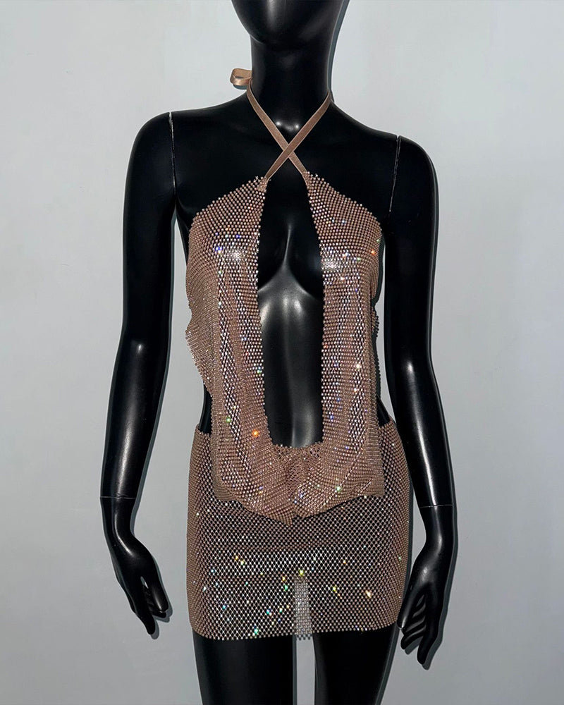 Rhinestone Crystal Plunge Crop Top & Mini Skirt Set