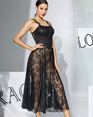 Floral Lace Midi Sheer Overlay Dress with Pearl Accents