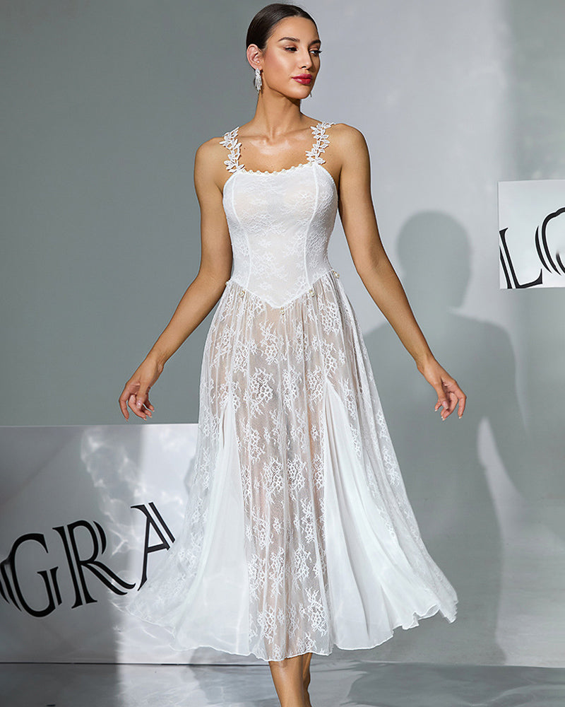Floral Lace Midi Sheer Overlay Dress with Pearl Accents