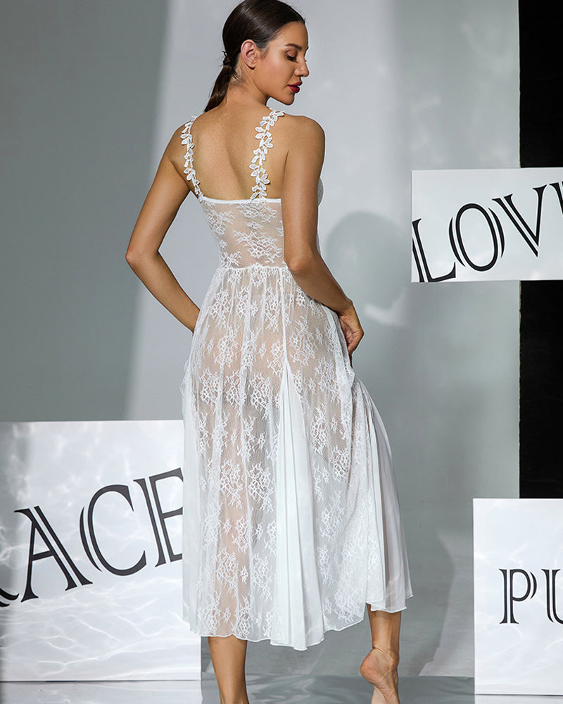 Floral Lace Midi Sheer Overlay Dress with Pearl Accents