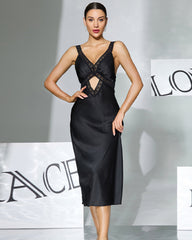 Satin Lace Removable Pads Midi Slip Dress