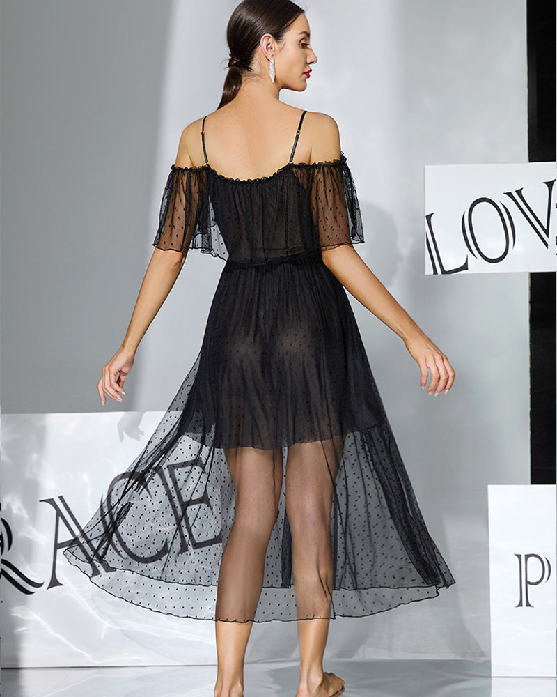 Off-Shoulder Polka-Dot Chiffon Babydoll Dress