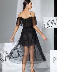 Off-Shoulder Polka-Dot Chiffon Babydoll Dress