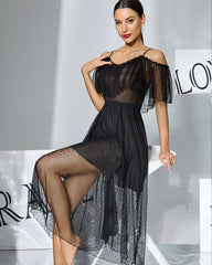 Off-Shoulder Polka-Dot Chiffon Babydoll Dress