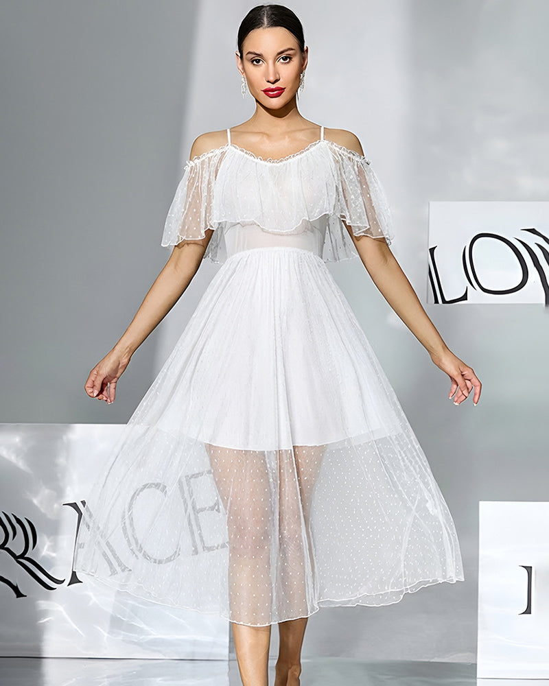 Off-Shoulder Polka-Dot Chiffon Babydoll Dress