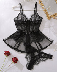 Lace Sheer Mesh Boned Corset Set
