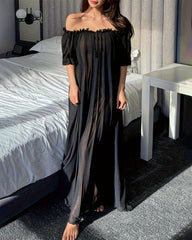 Off-Shoulder Chiffon Mesh Maxi Nightdress
