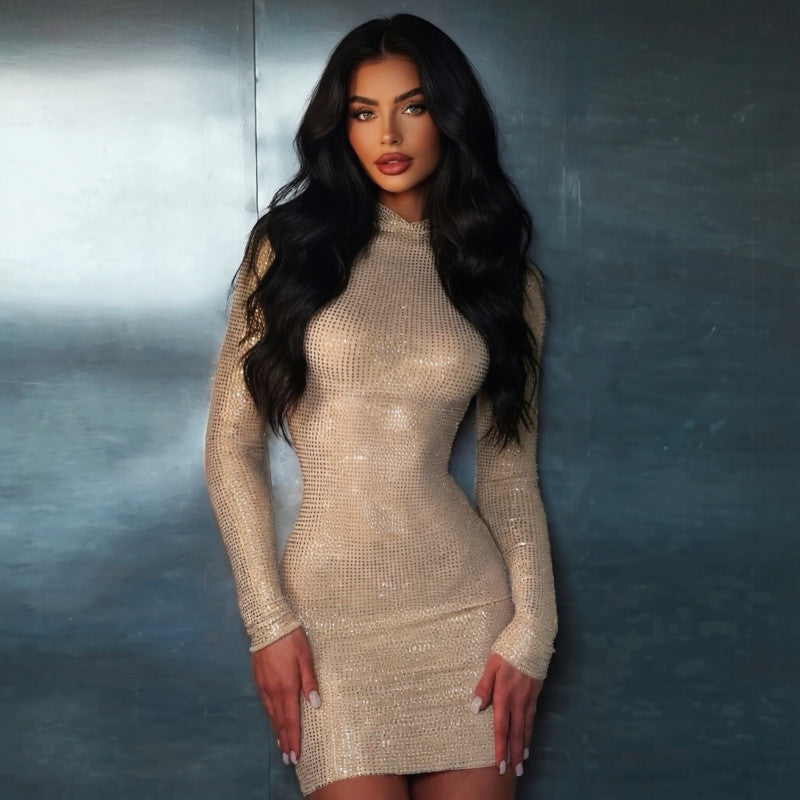Rhinestone Sparkly Long Sleeve Mini Dress