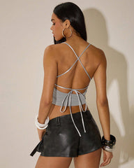 Ruched Fringe Tie-Back Crop Top