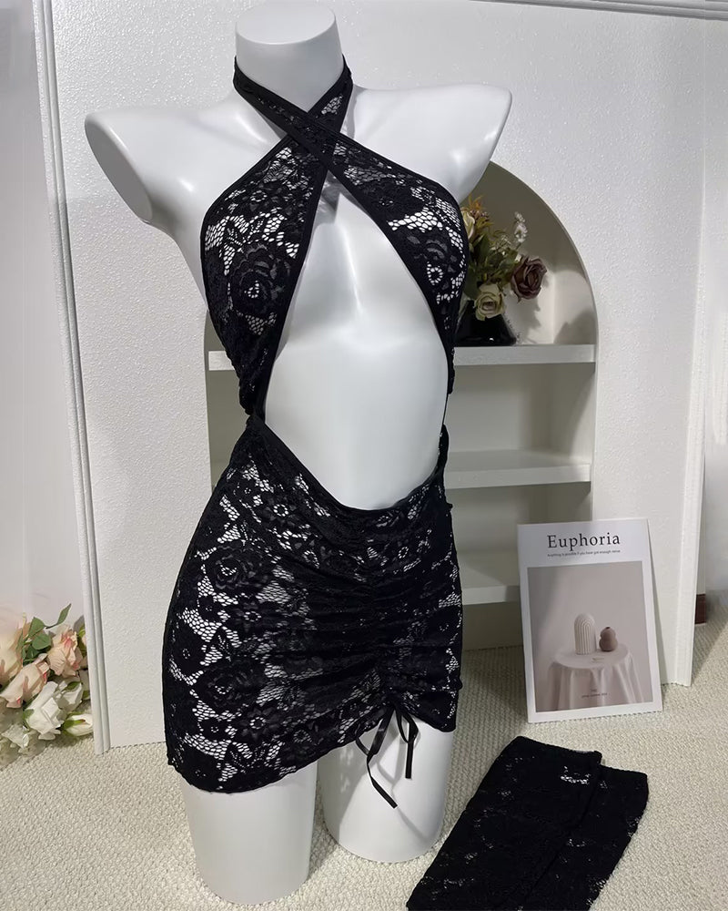 Halter Crisscross Cut Out Bodycon Lace Dress with Gloves