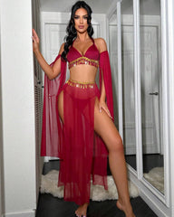 Sheer Halter Lingerie Set Gold Tassel Chain Bra, High Slit Skirt & Arm Sleeves