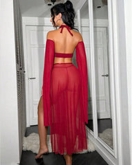 Sheer Halter Lingerie Set Gold Tassel Chain Bra, High Slit Skirt & Arm Sleeves