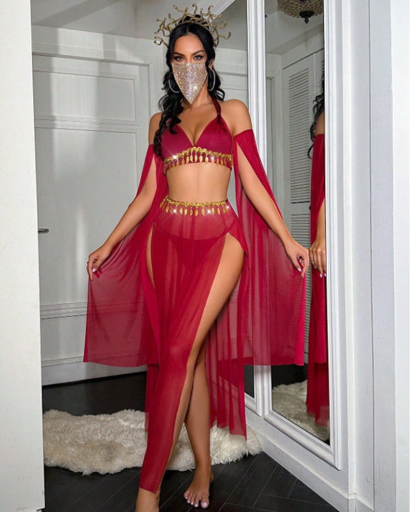 Sheer Halter Lingerie Set Gold Tassel Chain Bra, High Slit Skirt & Arm Sleeves