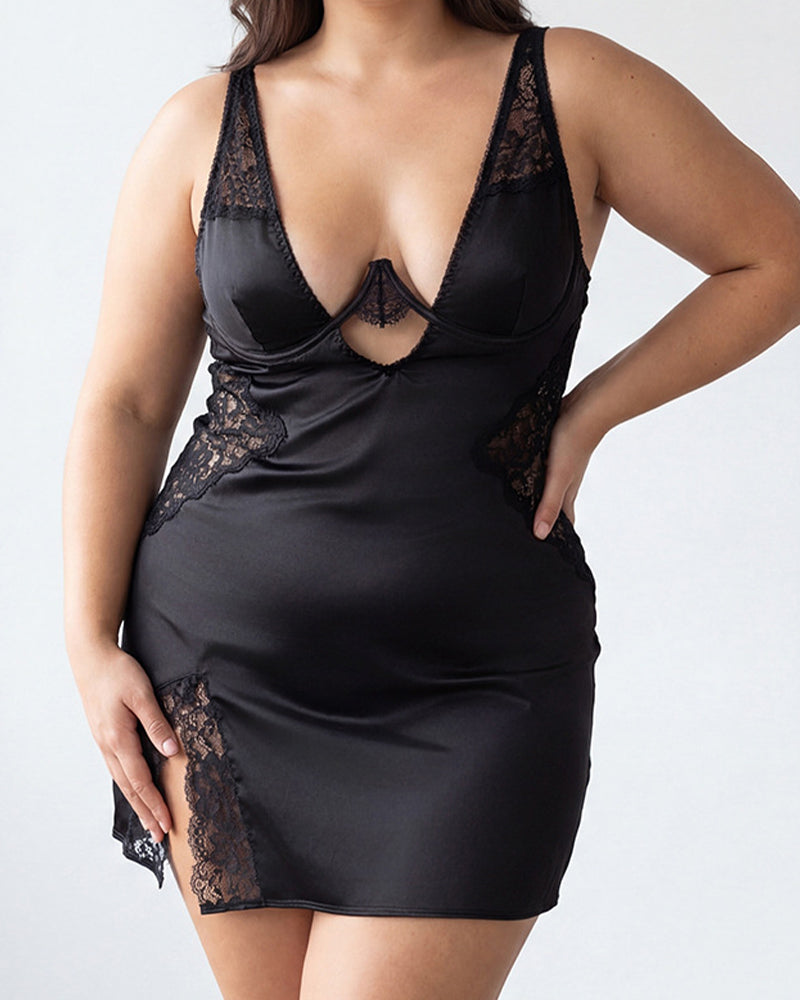 Plus Size Satin Lace Chemise Deep V-Neck Slip Dress