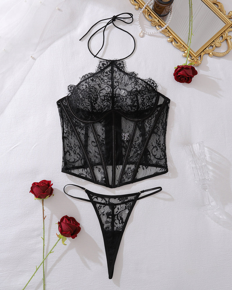 Halter Sheer Mesh Floral Lace Boned Corset with Thong