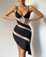 Sheer Mesh Panel Asymmetrical Lingerie Dress