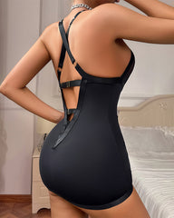 Studded Halter Crisscross Mesh Lingerie Mini Dress