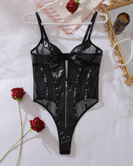 Studded Mesh Bodysuit Leather Zip Front Sheer Teddy