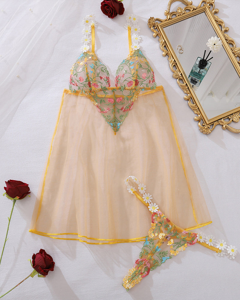 Floral Embroidered Daisy Sheer Mesh Babydoll with Thong