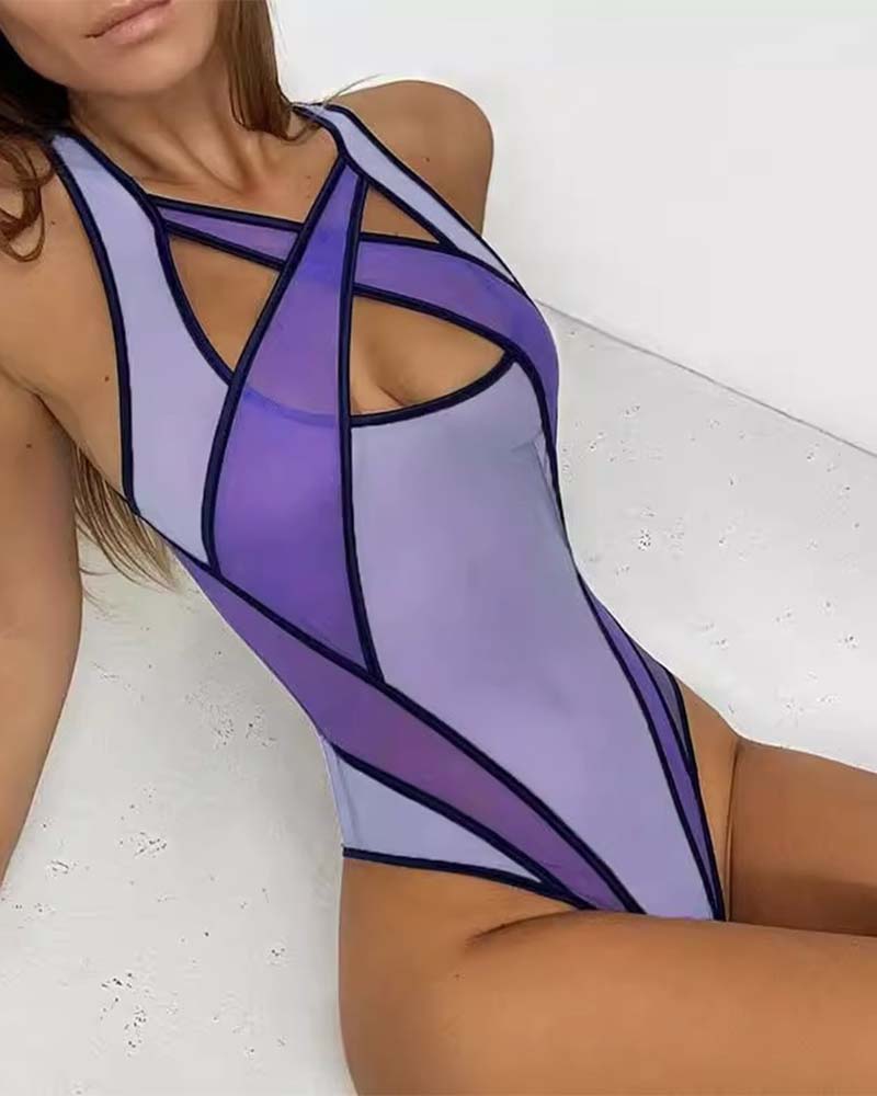 Strappy Mesh Bodysuit Crisscross Halter Neck Cage Teddy