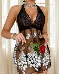 Peacock Feather Embroidery Babydoll Lingerie