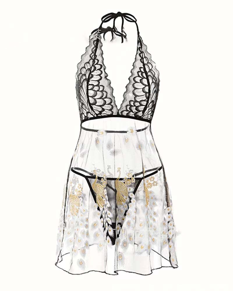 Peacock Feather Embroidery Babydoll Lingerie