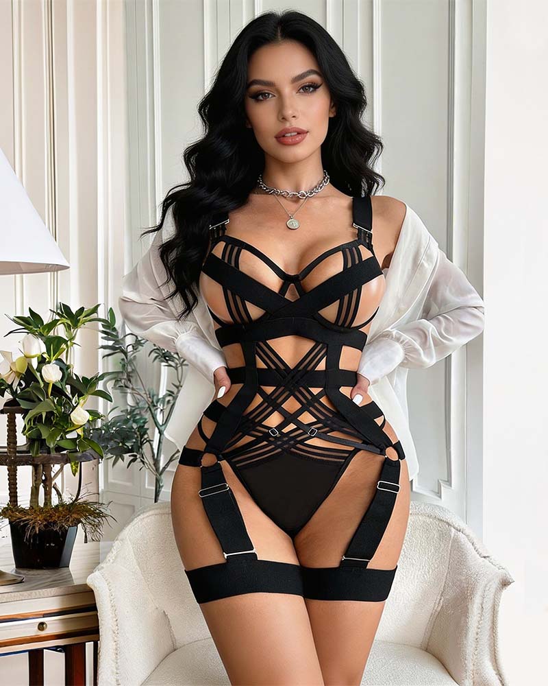 Strappy Harness Cage Crisscross Bodysuit Lingerie