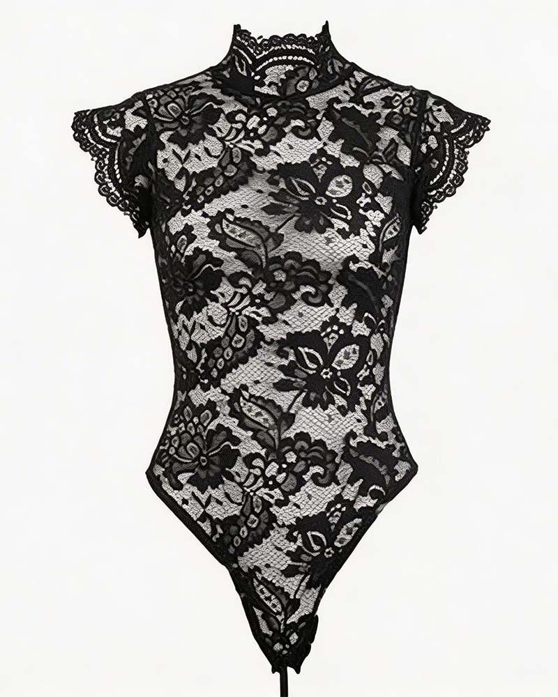 Floral Lace Bodysuit Lingerie with Crisscross Lace-Up Open Back