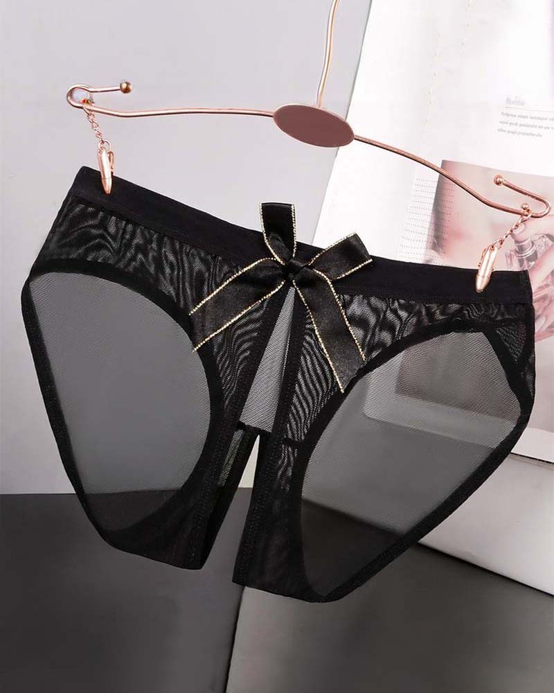 Sheer Mesh Satin Bow Panties High Cut Lingerie Briefs