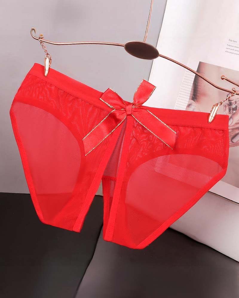 Sheer Mesh Satin Bow Panties High Cut Lingerie Briefs
