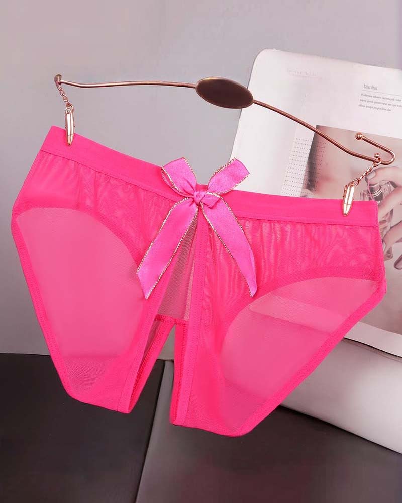 Sheer Mesh Satin Bow Panties High Cut Lingerie Briefs