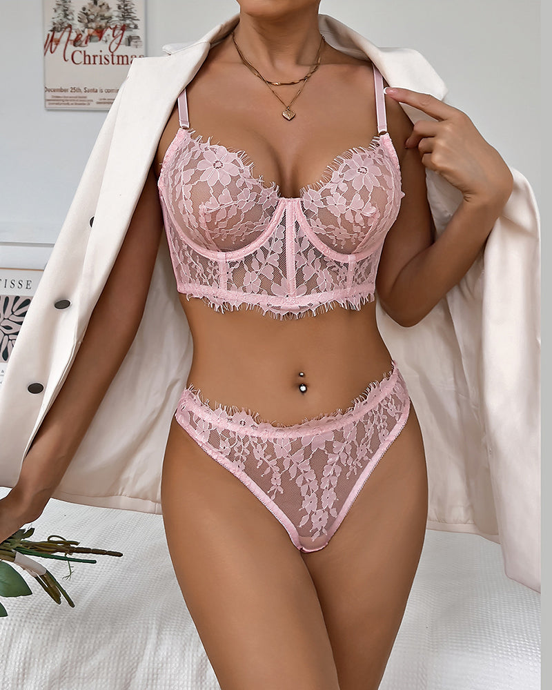 Embroidery Floral Lingerie Set Sheer Bralette Bra and Panties