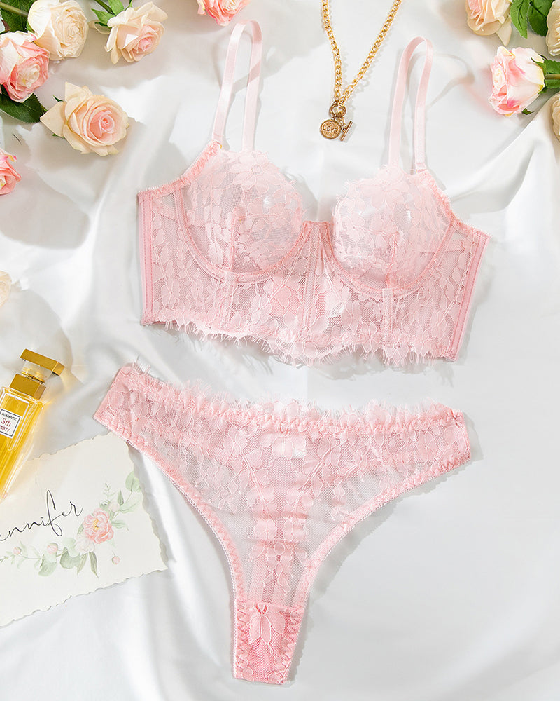 Embroidery Floral Lingerie Set Sheer Bralette Bra and Panties