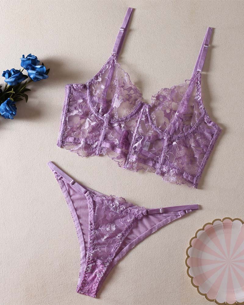 Embroidery Floral Lingerie Set Sheer Bralette Bra and Panties