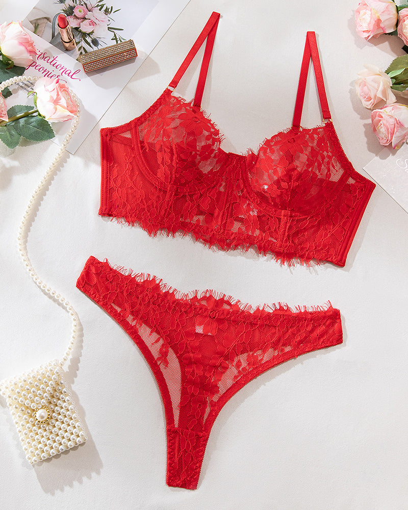 Embroidery Floral Lingerie Set Sheer Bralette Bra and Panties