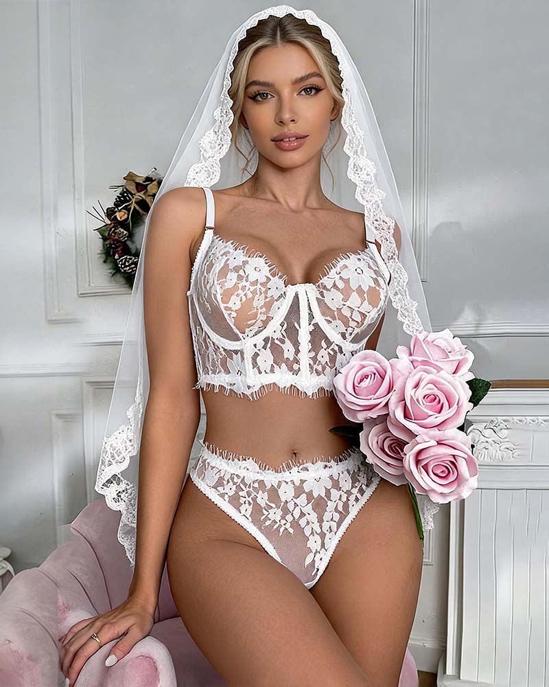 Embroidery Floral Lingerie Set Sheer Bralette Bra and Panties