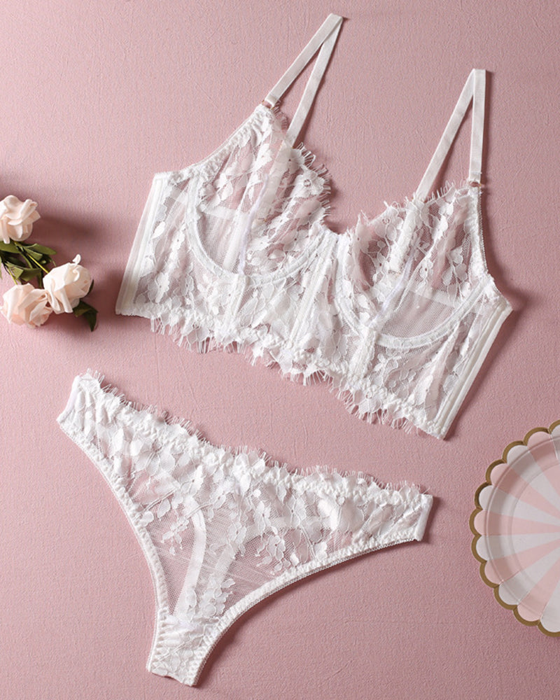 Embroidery Floral Lingerie Set Sheer Bralette Bra and Panties