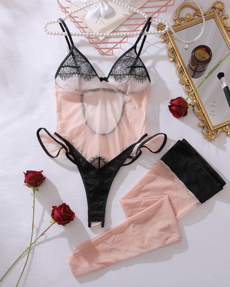 Sheer Mesh Lace Trim Bodysuit with Thigh High Stockings
