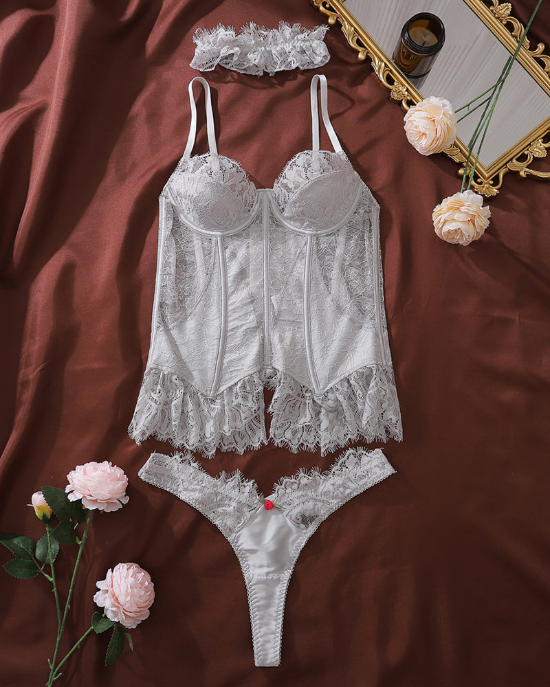 Lace Corset Lingerie Set - Underwire Bustier with Thong