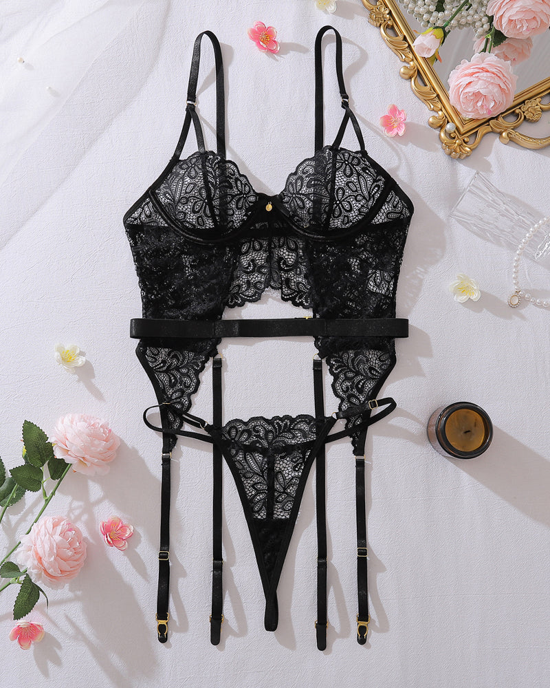 Floral Lace Garter Lingerie Set - Underwire Bra & Thong