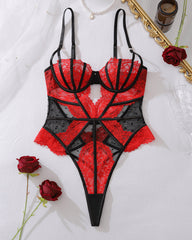 Red & Black Lace Corset Bodysuit - Plunge Cut Out Teddy Lingerie