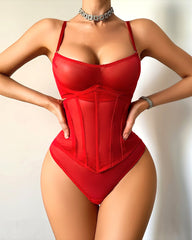 Sheer Mesh Corset - Underwire Waist Cincher Lingerie Set
