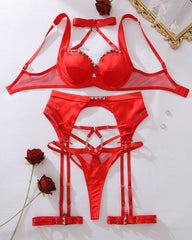 Satin & Mesh Garter Lingerie Set - Rhinestone Bra & High-Waist Thong