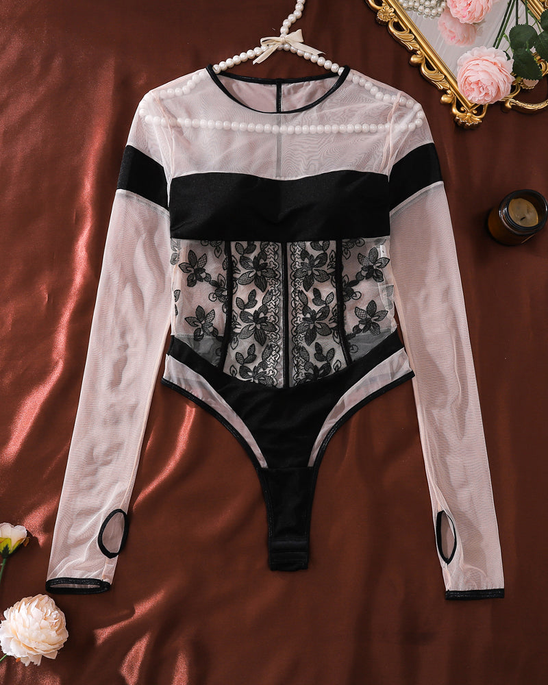 Sheer Mesh Long Sleeve Bodysuit - Lace Teddy Lingerie