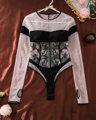 Sheer Mesh Long Sleeve Bodysuit - Lace Teddy Lingerie