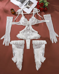 Lace Bodysuit Set with Long Gloves and Ruffled Stockings