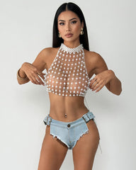 Pearl Chain Halter Crop Top & High Waisted Denim Shorts