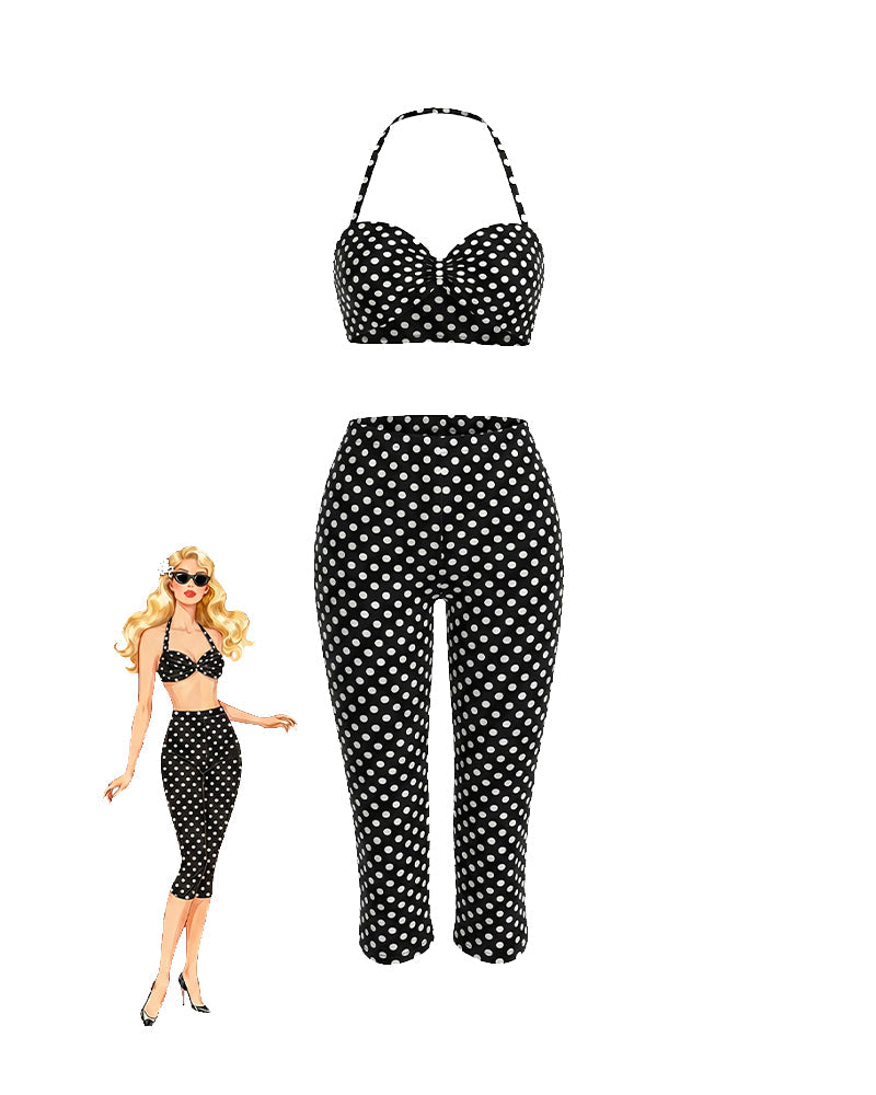 Polka Dot Halter Crop Top and High Waisted Capri Pants Set